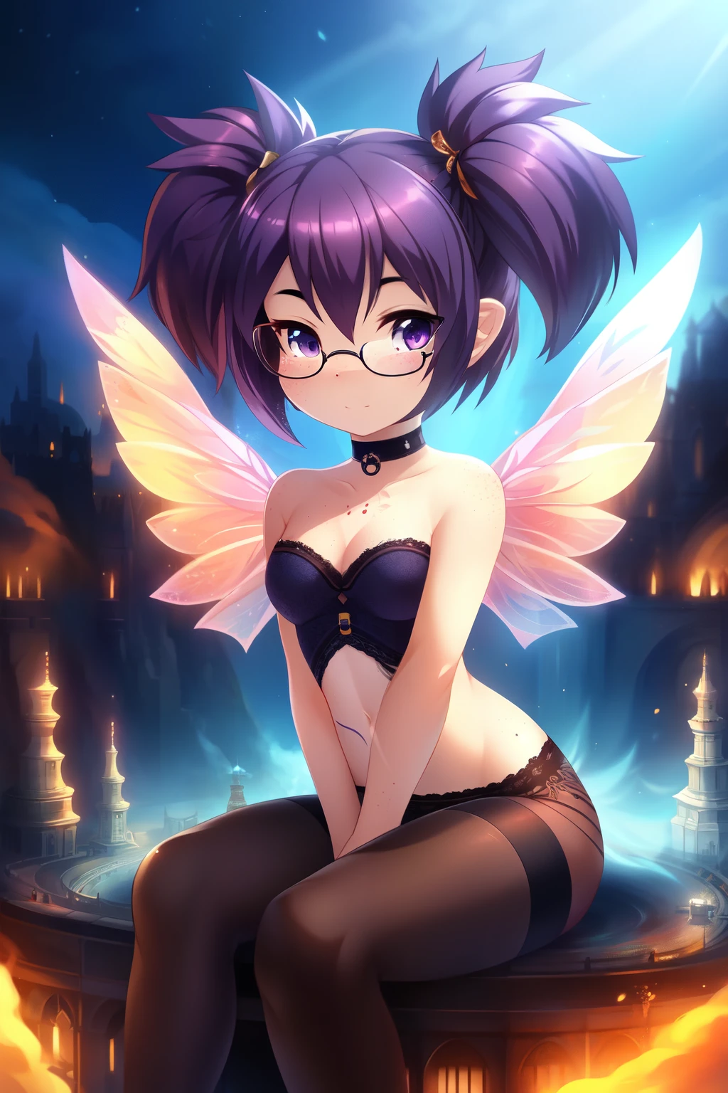 Solo, female, anime, emo style, sitting, mysterious aura, dark purple pigtails, soft face with freckles and glasses, tight choker, black pantyhose with distinctive tattoos, high-definition illustration, fire and steampunk background, adorable fantastical creature, detailed with precision, Macro photography texture and color, powerful in imagination, gentle gaze, striking contrast, extraordinary atmosphere.

Imagine an enchanting scene where an ethereal fairy is captured in a playful flying pose, embodying a magical essence. Her delicate wings, tinged with pastel hues, flutter gracefully, casting a gentle glow upon her surroundings. She don