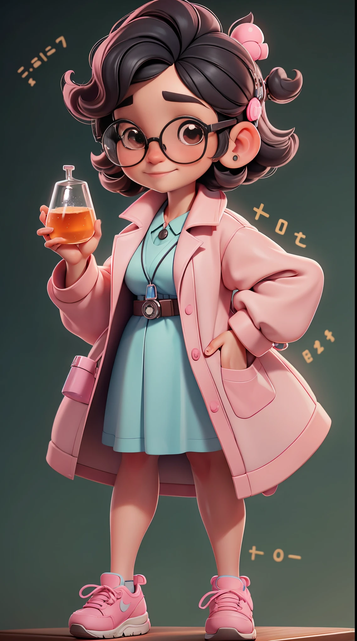 Mini chibi bebe fofa, Create a MADAME CURIE style chibi scientist baby series, it has “specific characteristics such as: short black hair”, big brown eyes wears a lab coat and “cute Nike sneakers” Realistic, remember to alternate the pose to look cute and captivating science lab,Chemical experiment,Ultra HD, chemical equipment,cientistas trabalhando,copos,bico de Bunsen 8K,microscope,laboratory glassware,measuring cylinders,jalecos,ROUND NERD glasses ,science books,Periodic table,scientific research,descobertas,new inventions,innovation,aprendizado,education,Scientific culture wears coat with details of pink buttons and brooches, rosa, her coat is charming and cute with ultra químico details ,Curiosidade,Technological advancements,cores vibrantes,soft lighting,modern laboratory,atmosfera nerd,laboratory instruments,hypothesis testing,Scientific method,symbolic representation,Critical thinking,experimentos ,precision,precision,detalhes intrincados,impressive scientific setup,elementos naturais,exploration of the mysteries of science,desvendando os segredos da natureza.White chalk board with Chemistry Professor Janaina written on it, Professora