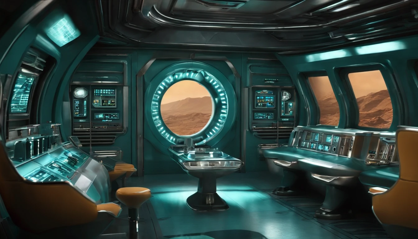 1950s science fiction film setting，interior of a spacecraft, centro de controle de uma nave espacial, boa imagem，In addition to scientific and technological training，sober tones, Design retro-futurista 1950, 