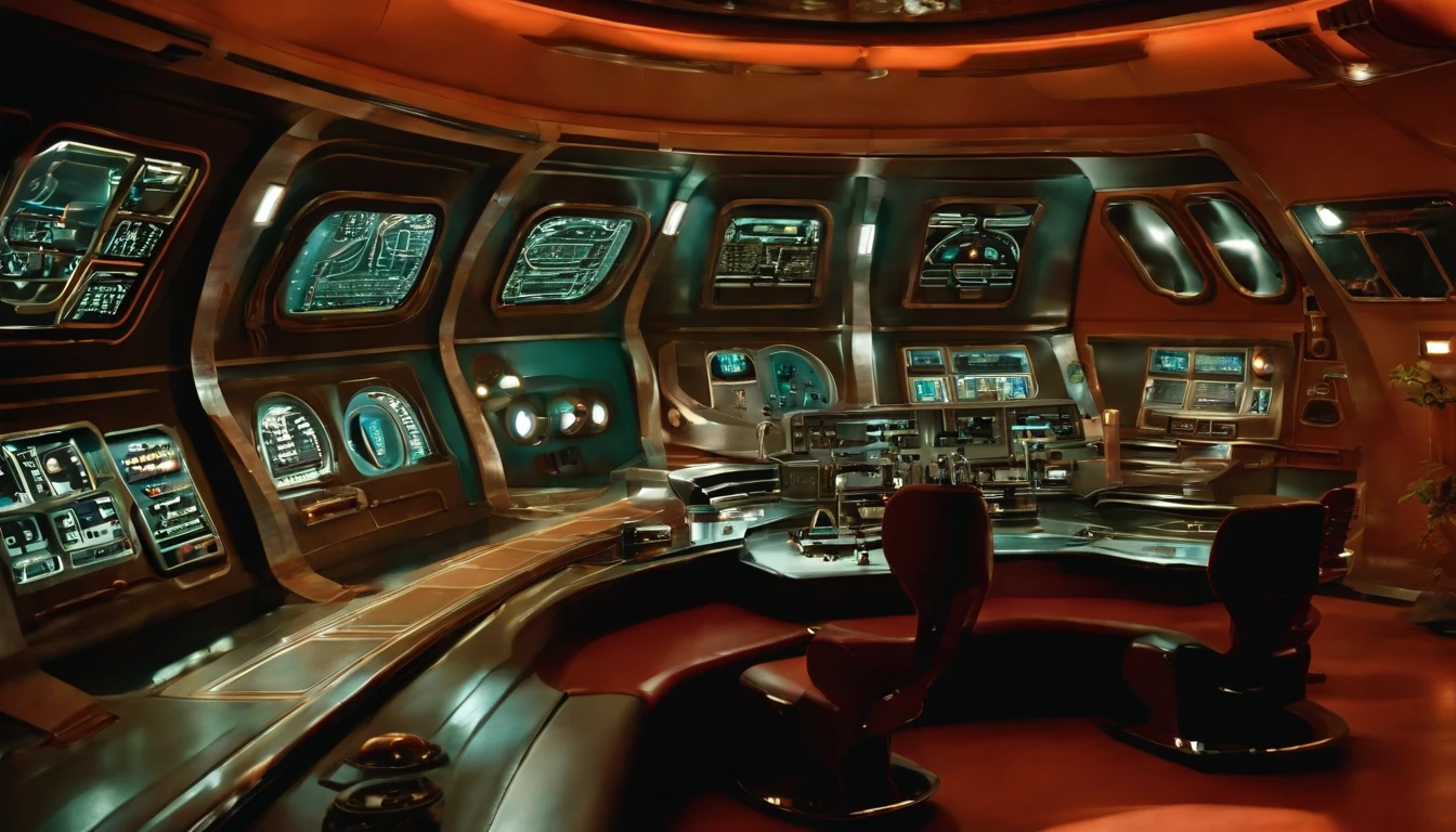 1950s science fiction film setting，interior of a spacecraft, centro de controle de uma nave espacial, boa imagem，In addition to scientific and technological training，sober tones, Design retro-futurista 1950, 