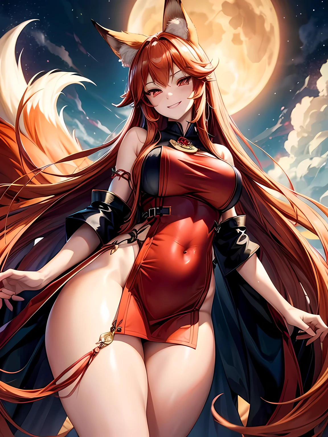 1 girl, long ginger hair, fox ears, only fox ears, crimson eyes, huge breasts, wearing miko dress, tall, long nine fox tails, thicc thighs, lustful smile, horny, absurdes, high res, ultra sharp, 8k, masterpiece, looking at viewer