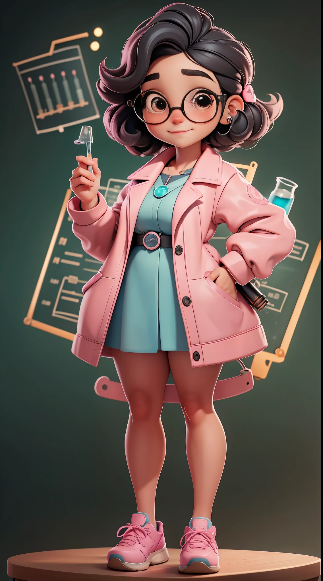 Mini chibi bebe fofa, Create a MADAME CURIE style chibi scientist baby series, it has “specific characteristics such as: short black hair”, big brown eyes wears a lab coat and “cute Nike sneakers” Realistic, remember to alternate the pose to look cute and captivating science lab,Chemical experiment,Ultra HD, chemical equipment,cientistas trabalhando,copos,bico de Bunsen 8K,microscope,laboratory glassware,measuring cylinders,jalecos,ROUND NERD glasses ,science books,Periodic table,scientific research,descobertas,new inventions,innovation,aprendizado,education,Scientific culture wears coat with details of pink buttons and brooches, rosa, her coat is charming and cute with ultra químico details ,Curiosidade,Technological advancements,cores vibrantes,soft lighting,modern laboratory,atmosfera nerd,laboratory instruments,hypothesis testing,Scientific method,symbolic representation,Critical thinking,experimentos ,precision,precision,detalhes intrincados,impressive scientific setup,elementos naturais,exploration of the mysteries of science,desvendando os segredos da natureza.White chalk board with Chemistry Professor Janaina written on it, Professora