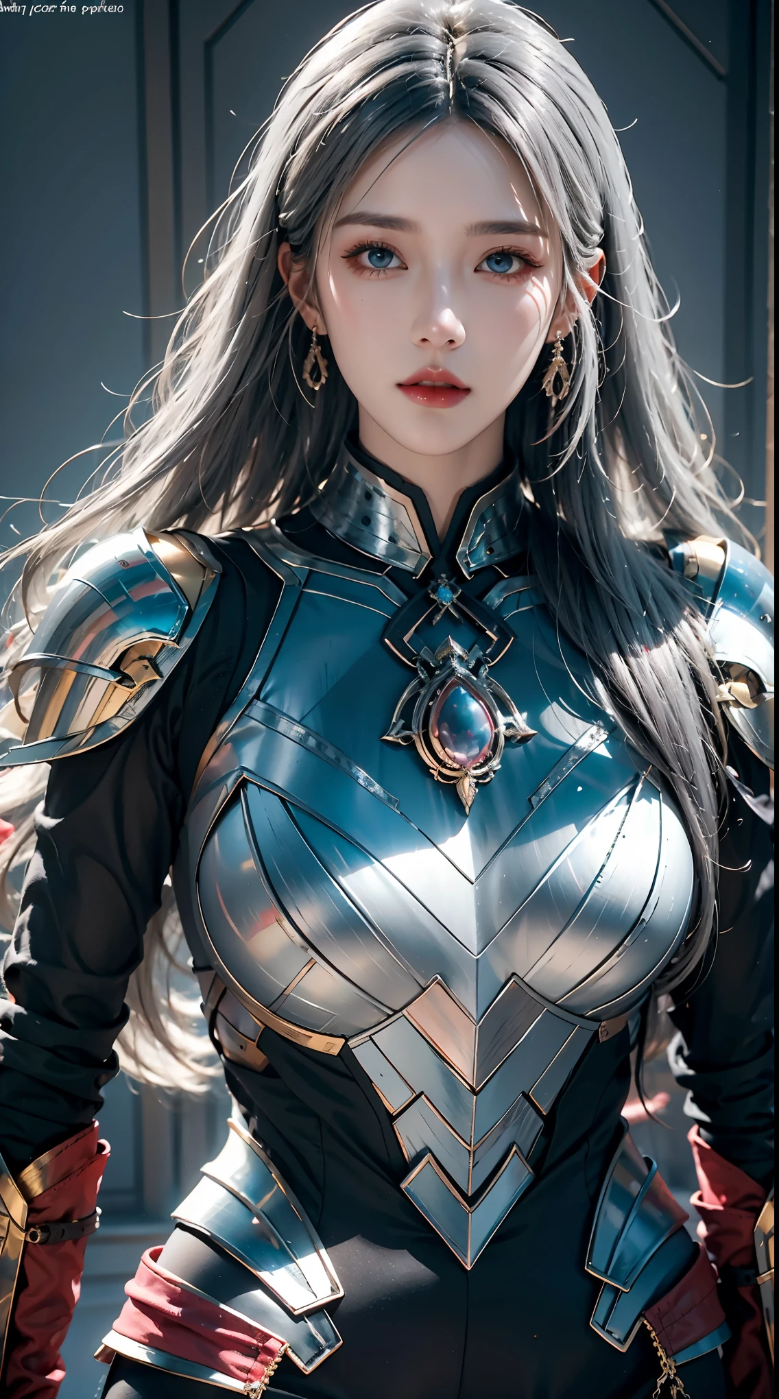 realistic, High resolution, 1 female, glowing skin, alone, jewelry, pink lips, long gray hair, blue eyes, closed mouth, hip up, fantasy armor