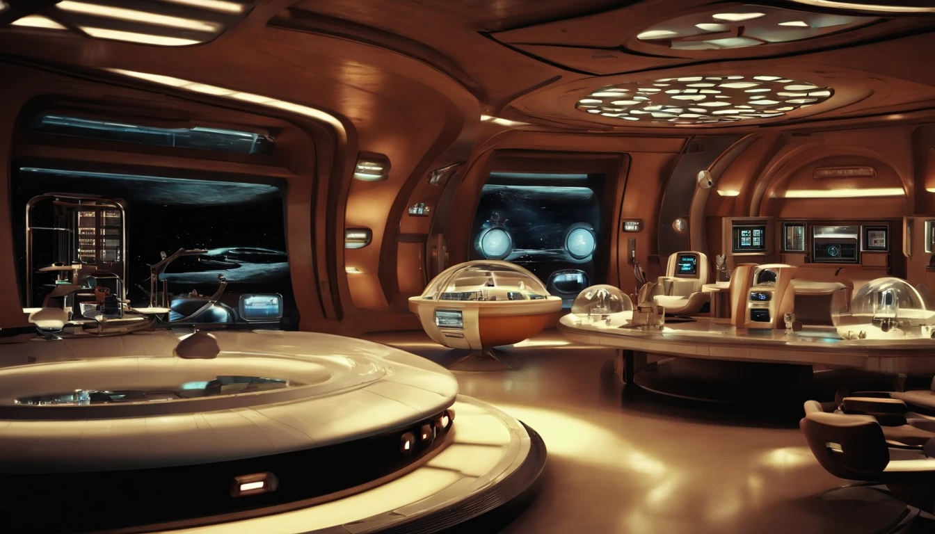 1950s science fiction film setting，interior of a planetary research base, control center of a space colony, boa imagem，wide areas, In addition to scientific and technological training，sober tones, Design retro-futurista 1950, Base of only num alien planet, 