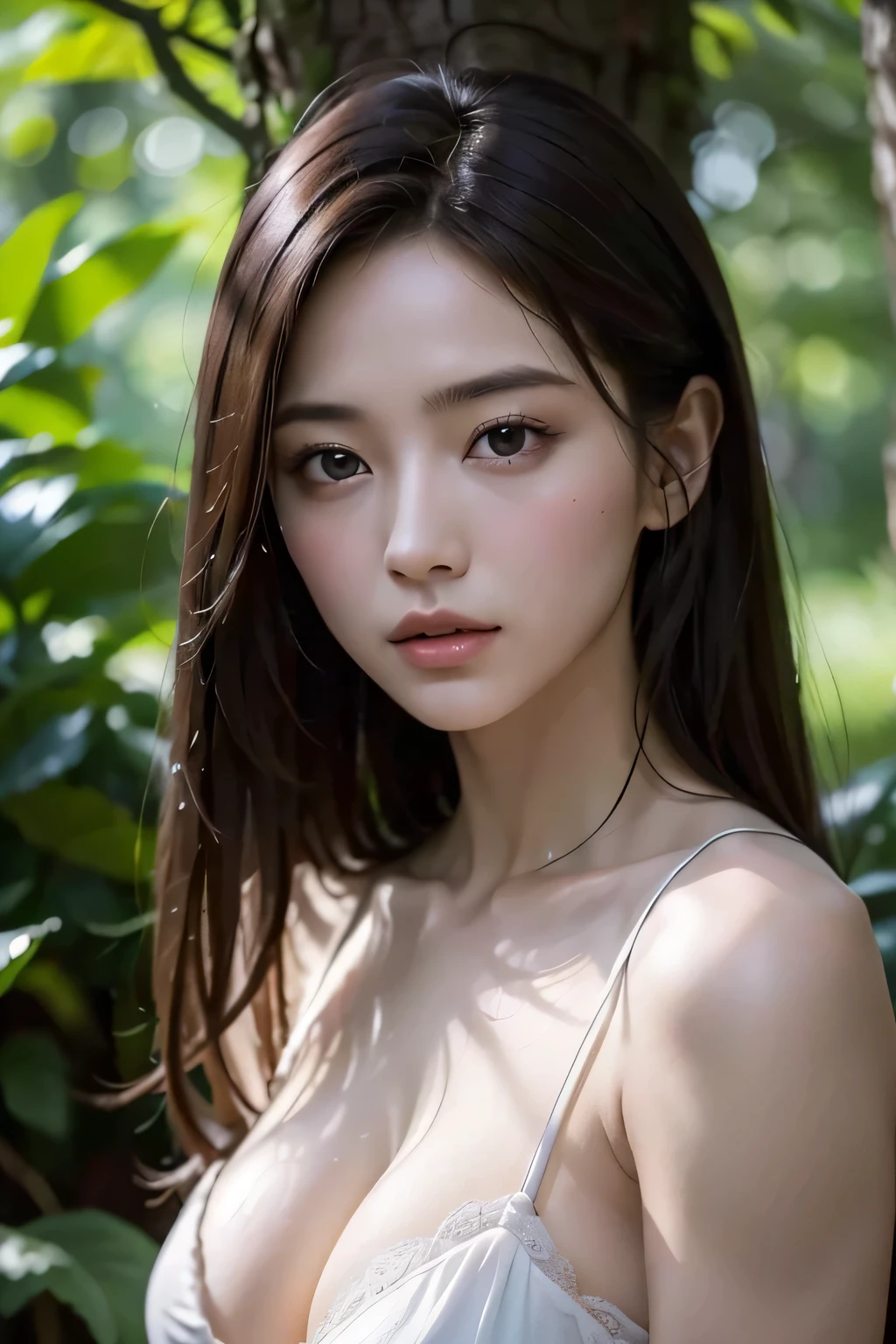 8k、High resolution、Beautiful woman of primitive times、young、white skin,、narrow eyes,high nose,lighting that illuminates the face、clear image、intellectual beauty、skinny、no makeup、The expression you show to your lover,shining hair、single eyelid,、vivid pose、looking at camera、relax on vacation、first inhabited country、Primeval forest、Hunting life、