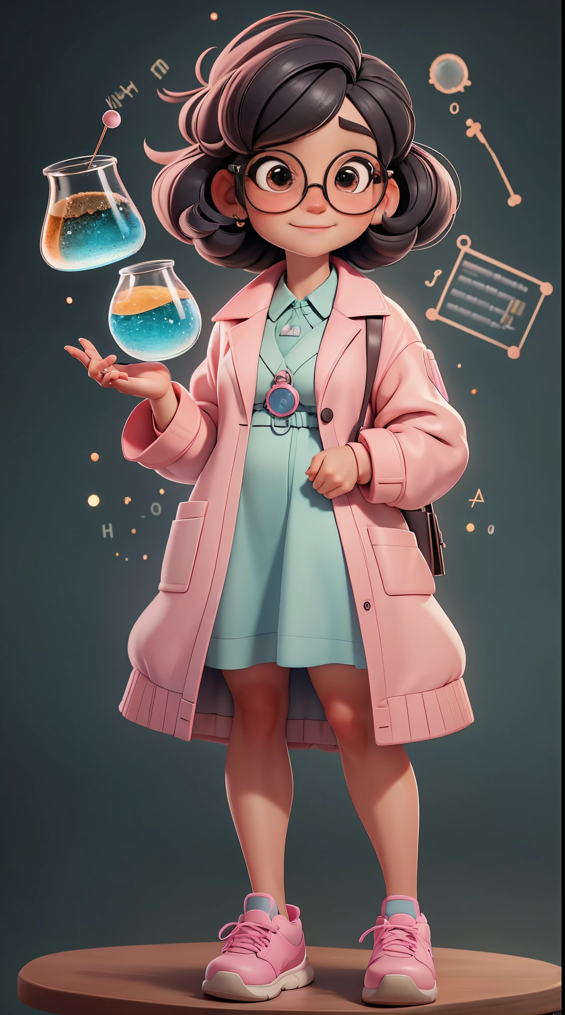 Mini chibi bebe fofa, Create a MADAME CURIE style chibi scientist series, it has “specific characteristics such as: short black hair”, big brown eyes wears a lab coat and “cute Nike sneakers” Realistic, remember to alternate the pose to look cute and captivating science lab,Chemical experiment,Ultra HD, chemical equipment,cientistas trabalhando,copos,bico de Bunsen 8K,microscope,laboratory glassware,measuring cylinders,jalecos,ROUND NERD glasses ,science books,Periodic table,scientific research,descobertas,new inventions,innovation,aprendizado,education,Scientific culture wears coat with details of pink buttons and brooches, rosa, her coat is charming and cute with ultra químico details ,Curiosidade,Technological advancements,cores vibrantes,soft lighting,modern laboratory,atmosfera nerd,laboratory instruments,hypothesis testing,Scientific method,symbolic representation,Critical thinking,experimentos ,precision,precision,detalhes intrincados,impressive scientific setup,elementos naturais,exploration of the mysteries of science,desvendando os segredos da natureza.White chalk board with Chemistry Professor Janaina written on it, Professora