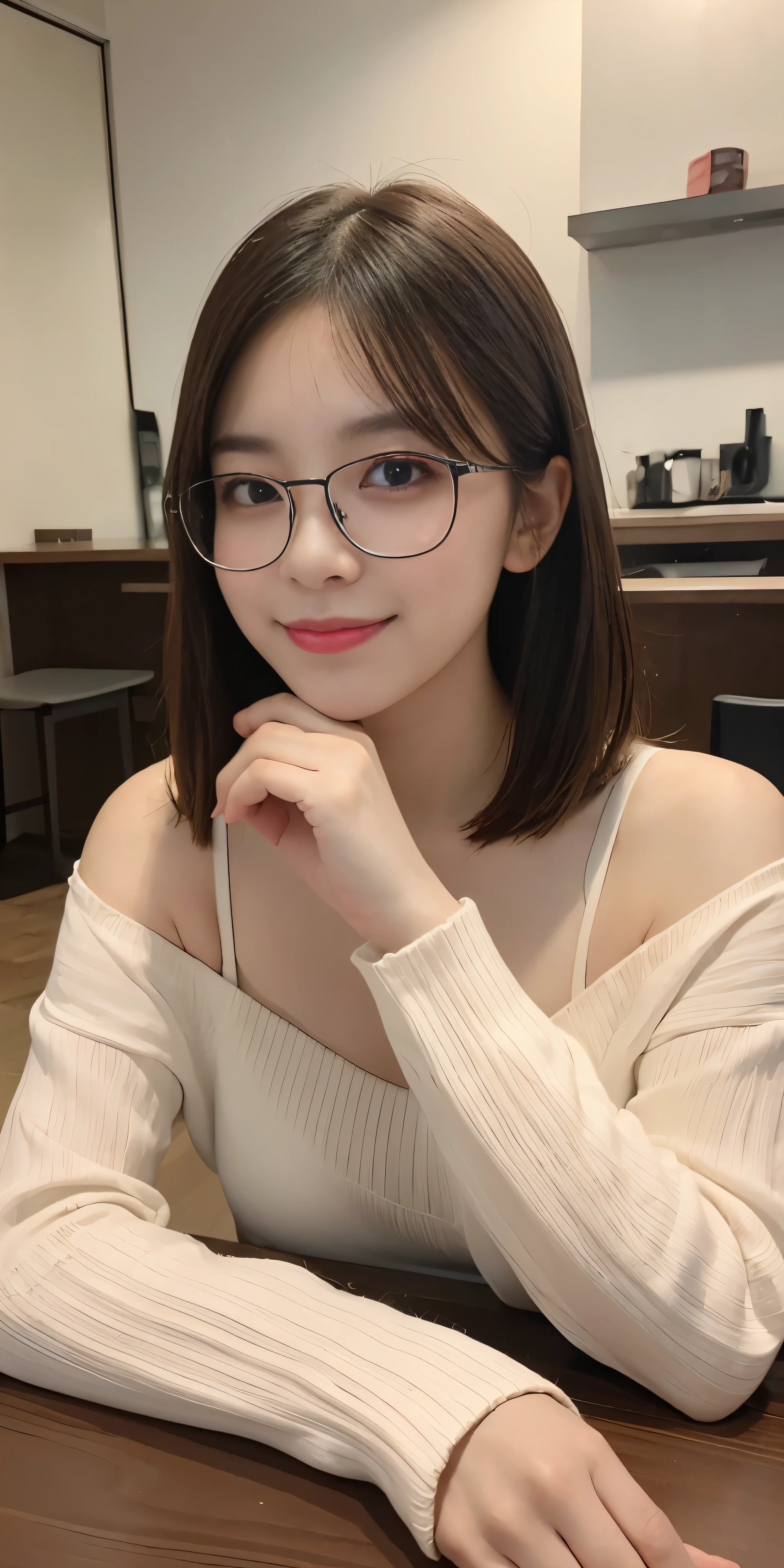 on the table, best quality, illustration, super detailed, fine details, high resolution, 8k wallpaper, Perfect dynamic composition, beautiful and delicate eyes, Long sleeves knitted shoulder extensions,bob hair, medium chest, natural lip color, Casual and sexy pose,Smile,20 year old girl,huge ,coffee馆,coffee,The focus is on the chest, Glasses
