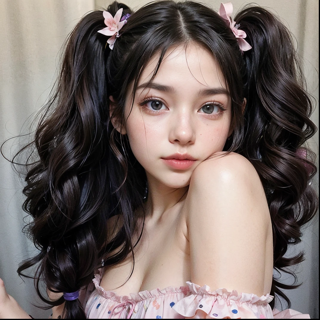 there is a woman with long black hair and pink flowers in her hair, two pigtails hairstyle, pigtails hairstyle, with black pigtails, belle delphine, y 2 k cutecore clowncore, twintails hairstyle, kawaii hairstyle, pigtails hair, aesthetic cute with flutter, pigtails, hair in pigtails, short pigtails hair, melanie martinez