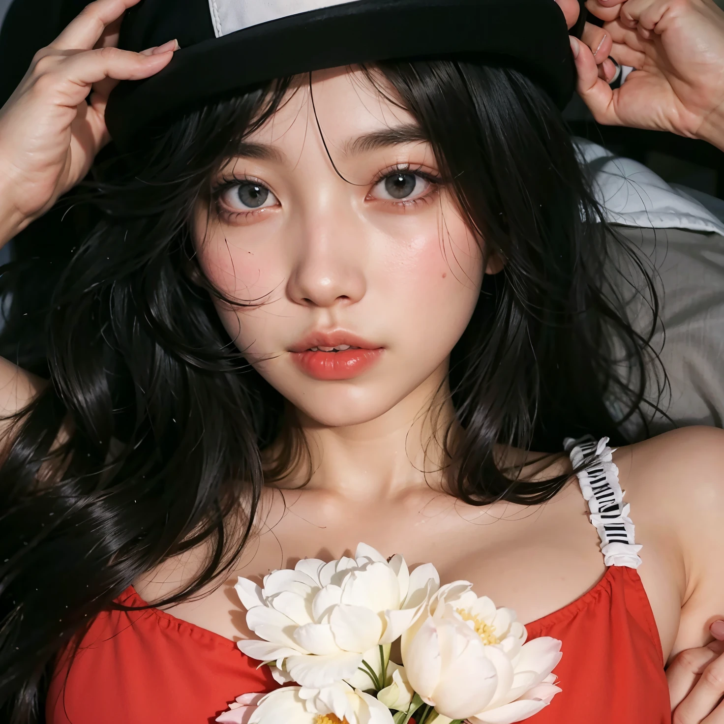 there is a woman in a red dress and a black hat, beautiful south korean woman, bae suzy, gorgeous young korean woman, beautiful young korean woman, korean girl, taejune kim, korean woman, jinyoung shin, wan adorable korean face, heonhwa choe, popular south korean makeup, asian features, lalisa manobal, with very thin lips