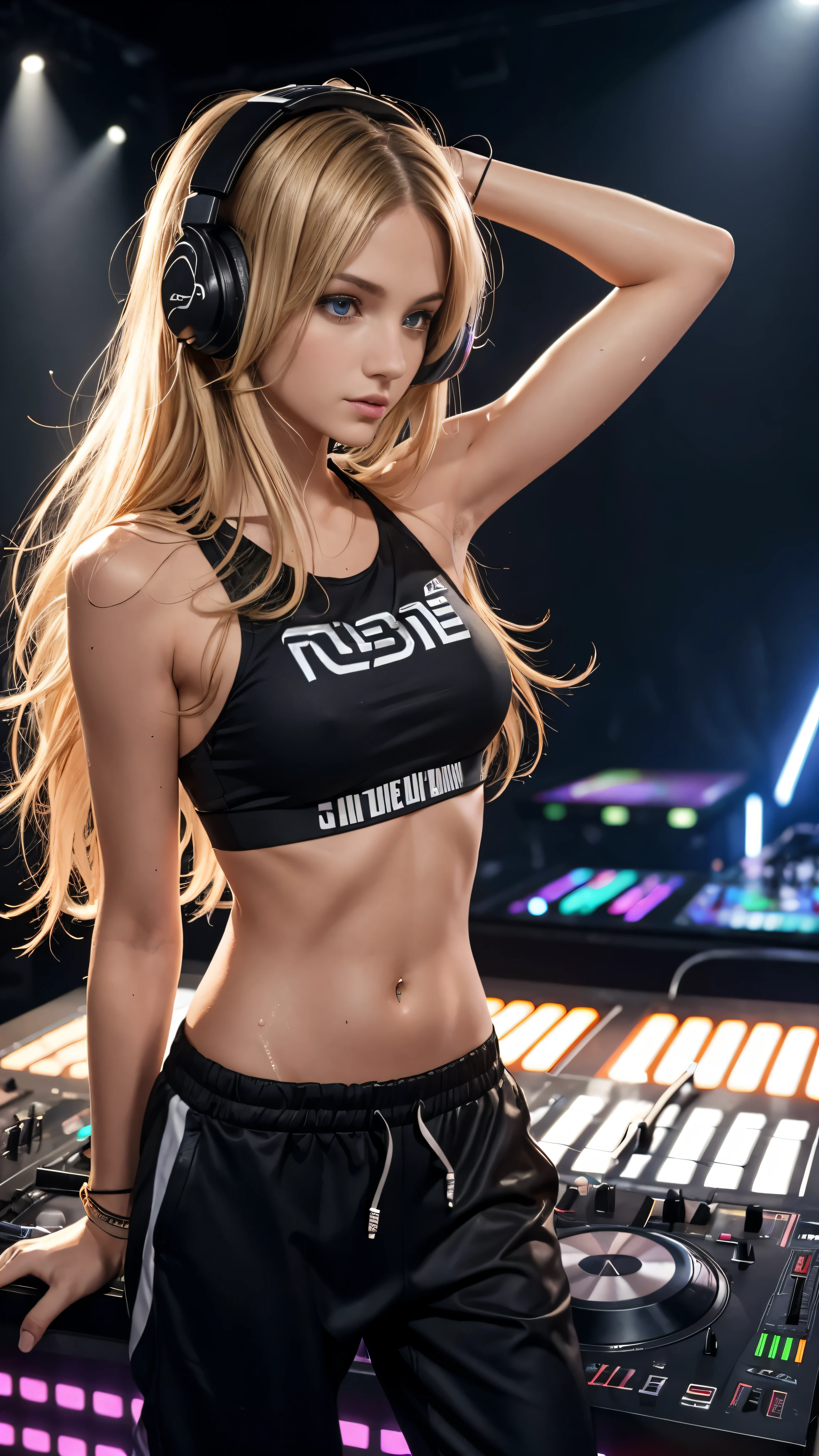 24 year old female dj live on stage, female dj, djing, headphones, dj desk, huge audience, dynamic light, electro music, sweat pants, sports bra, very skinny, golden hair, small breast, sweaty, rachel cook, slim, long hair, open hair