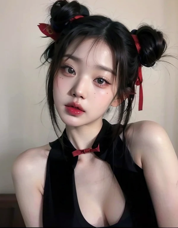 there is a woman in a black blouse and a red bow tie, with black braids, Menina coreana, young pale and beautiful asian face, adorable and pale korean face, beautiful Menina Asian, linda mulher sul-coreana, chinesa, garota de anime na vida real, Asian, even model | artegerm, Ulzzang, Guweiz, Linda jovem coreana