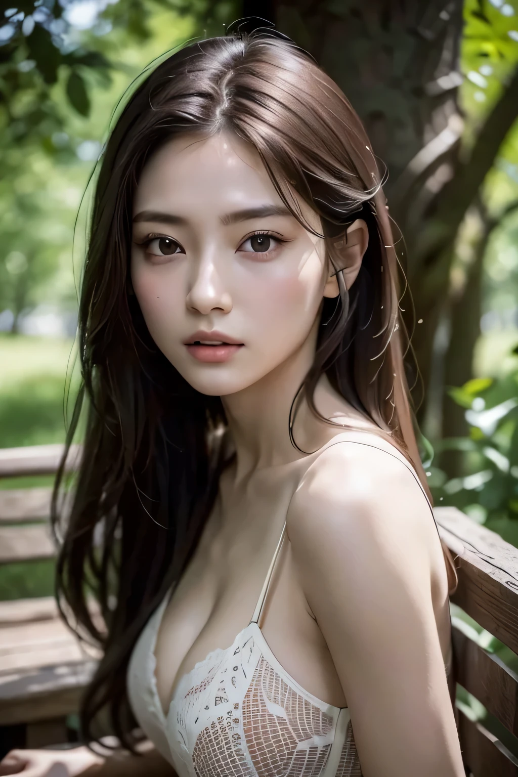 ８ｋ、High resolution、Beautiful woman of primitive times、young、white skin,、narrow eyes,high nose,lighting that illuminates the face、clear image、intellectual beauty、skinny、no makeup、The expression you show to your lover,shining hair、single eyelid,、vivid pose、looking at camera、relax on vacation、first inhabited country、Primeval forest、Hunting life、