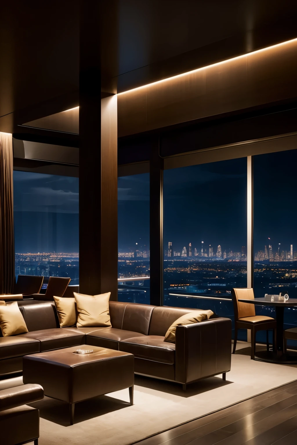 : The image captures a corner of Elysium Lounge's interior, bathed in soft, atmospheric lighting. Plush leather armchairs are arranged around low tables, creating intimate seating areas for guests to relax and socialize. A sleek bar stretches along one side of the room, adorned with gleaming bottles of premium spirits and illuminated by warm, inviting light. In the background, abstract artwork adds a touch of sophistication to the space, while floor-to-ceiling windows offer a breathtaking view of the virtual skyline.