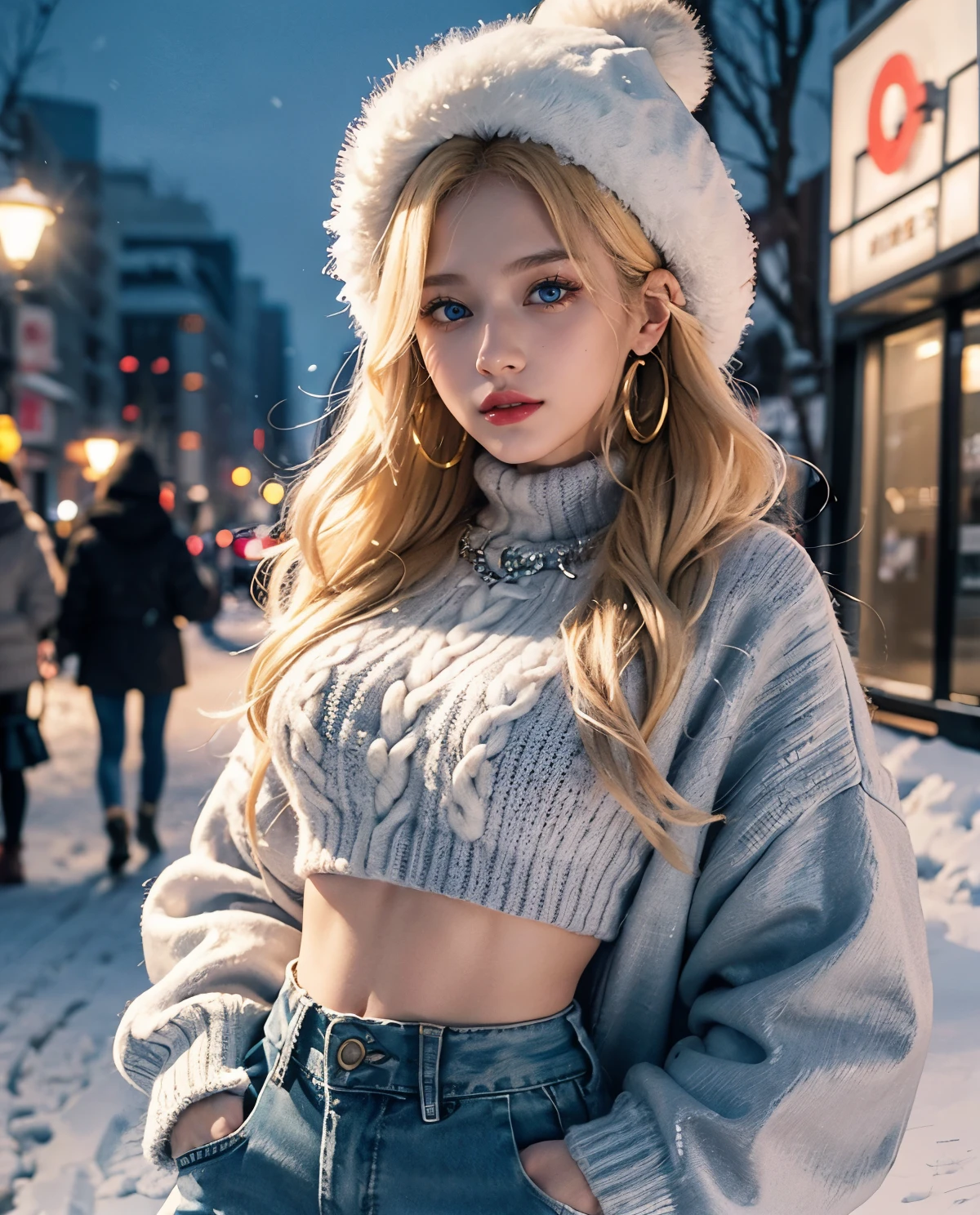 1girl, (Blue Eyes), (cheerful :1.2), (beautiful makeup :1.1), (Sana Minatozaki), wide hips, Big tits, big ass, (Best Quality, 8k, Masterpiece: 1.3), Clear Focus: 1.2, Perfect Body Beauty: 1.4, strong abs :1.2, Highly detailed face and skin texture, detailed eyes, double eyelids, red lips, (blond long hair), closeup of face :1.3, furry jacket :1.1, (long sweater :1.2), jeans, golden earrings, winter hat, standing, portrait, in the Shibuya neighborhood of Japan at night, snowy night, snow on the ground
