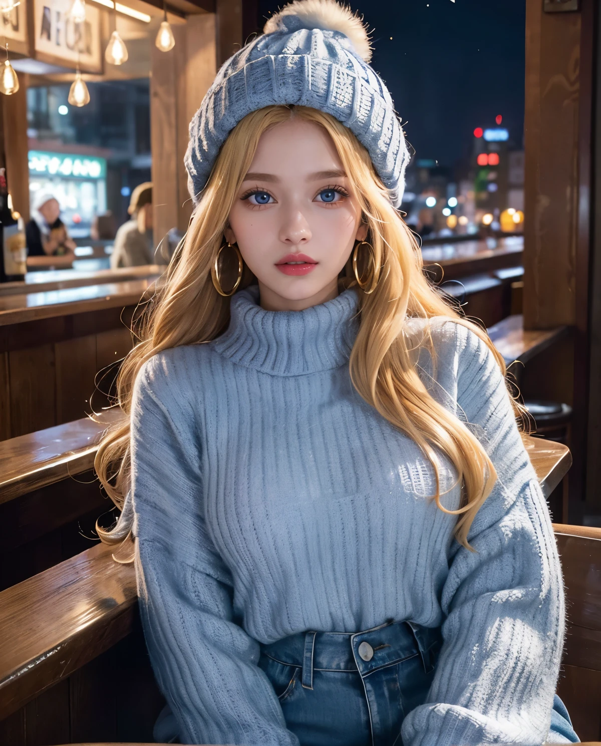 1girl, (Blue Eyes), (cheerful :1.2), (furry jacket), (sweater :1.3), (beautiful makeup :1.1), (Sana Minatozaki), wide hips, big ass, (Best Quality, 8k, Masterpiece: 1.3), Clear Focus: 1.2, Perfect Body Beauty: 1.4, Highly detailed face and skin texture, detailed eyes, double eyelids, red lips, (blond long hair), closeup of face :1.3, jeans, golden earrings, winter hat, portrait, sitting in a bar, in the Shibuya neighborhood of Japan at night, snowy night