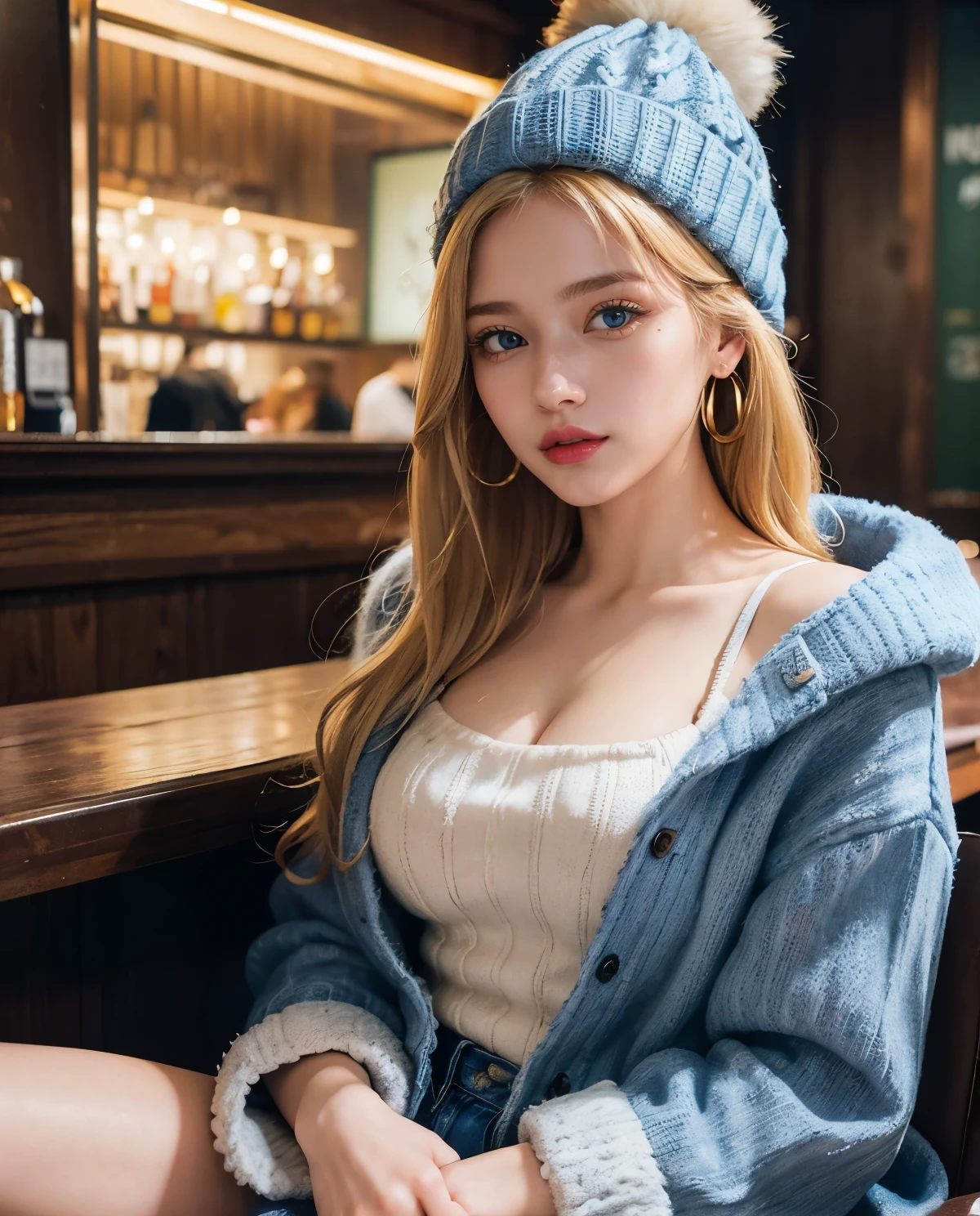 1girl, (Blue Eyes), (cheerful :1.2), (furry jacket), (sweater :1.3), (beautiful makeup :1.1), (Sana Minatozaki), wide hips, big ass, (Best Quality, 8k, Masterpiece: 1.3), Clear Focus: 1.2, Perfect Body Beauty: 1.4, Highly detailed face and skin texture, detailed eyes, double eyelids, red lips, (blond long hair), closeup of face :1.3, jeans, golden earrings, winter hat, portrait, sitting in a bar, in the Shibuya neighborhood of Japan at night, snowy night