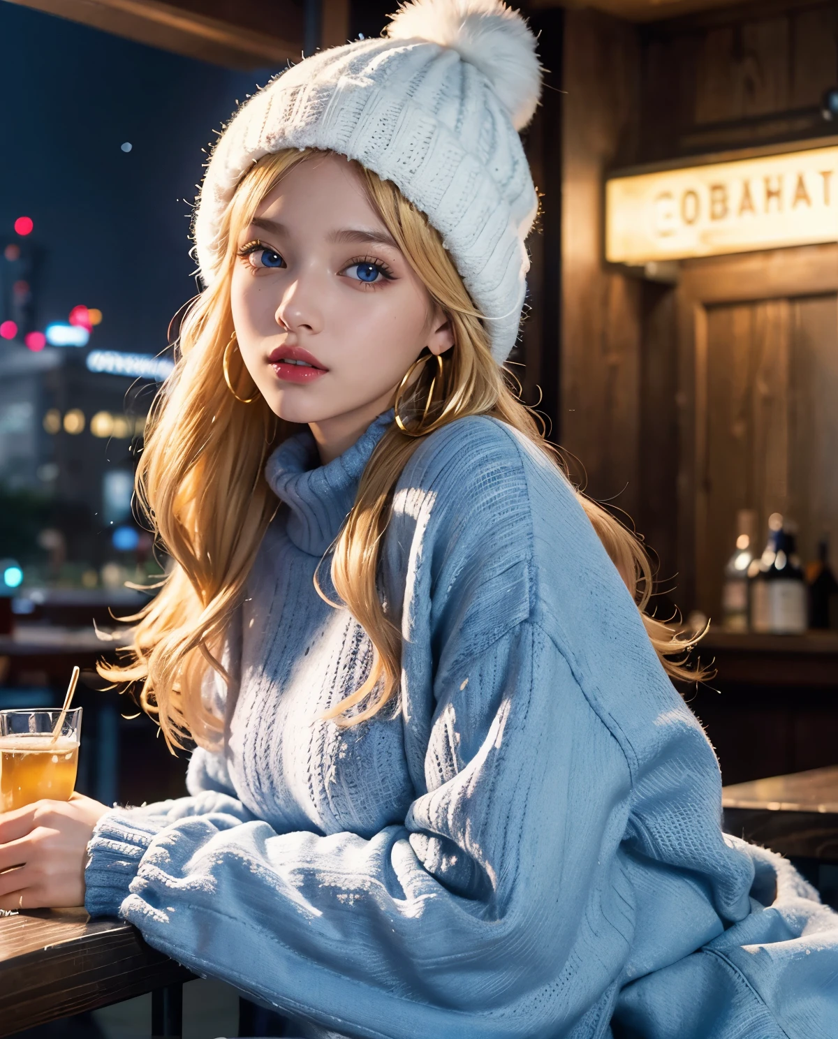 1girl, (Blue Eyes), (cheerful :1.2), (furry jacket), (sweater :1.3), (beautiful makeup :1.1), (Sana Minatozaki), wide hips, big ass, (Best Quality, 8k, Masterpiece: 1.3), Clear Focus: 1.2, Perfect Body Beauty: 1.4, Highly detailed face and skin texture, detailed eyes, double eyelids, red lips, (blond long hair), closeup of face :1.3, jeans, golden earrings, winter hat, portrait, sitting in a bar, in the Shibuya neighborhood of Japan at night, snowy night