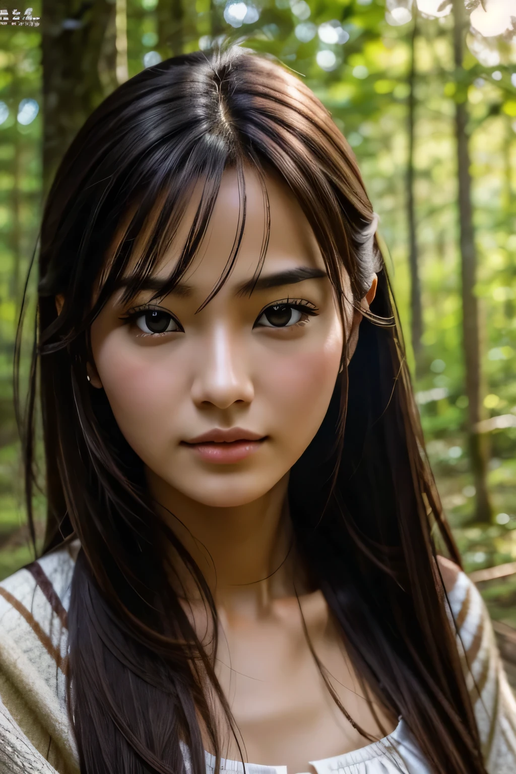 ８ｋ、High resolution、Beautiful woman of primitive times、young、white skin,、narrow eyes,high nose,lighting that illuminates the face、clear image、intellectual beauty、skinny、no makeup、The expression you show to your lover,shining hair、single eyelid,、vivid pose、looking at camera、relax on vacation、first inhabited country、Primeval forest、Hunting life、