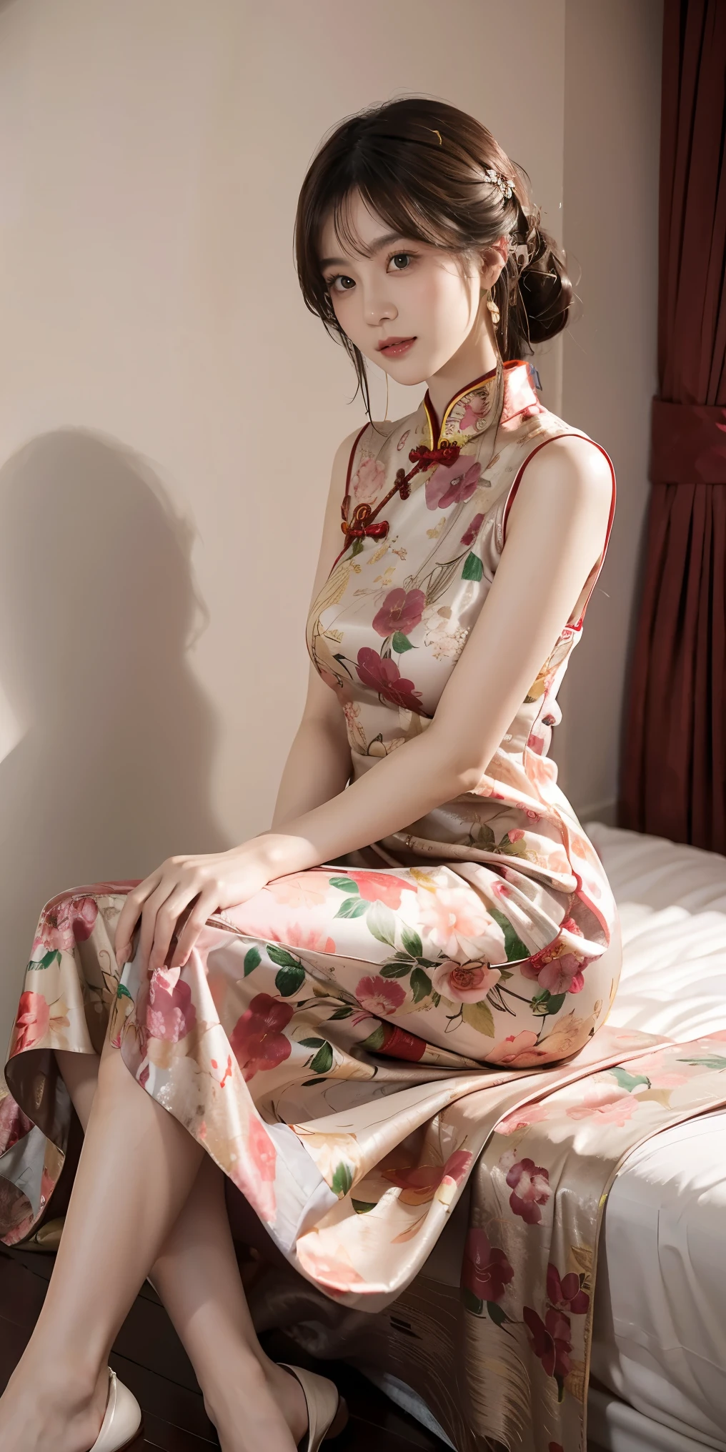 araffe woman in a floral dress sitting on a bed, cheongsam, chinese girl, chinese dress, chinese woman, gorgeous lady, gorgeous chinese model, xintong chen, cute elegant pose, chinese style, wearing pink floral gown, sexy dress, wearing an elegant dress, beautiful south korean woman, elegant japanese woman, xue han, full body xianxia
