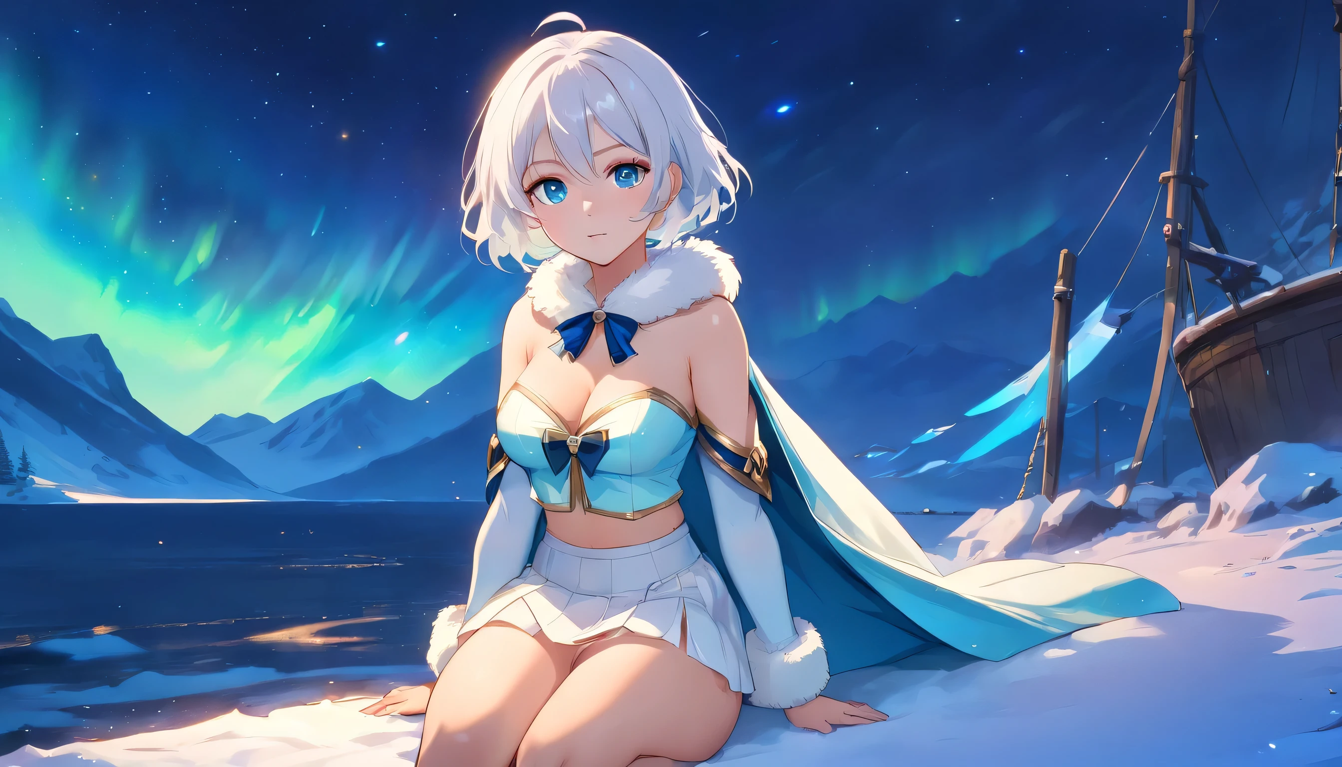 (best quality,highres:1.2),ultra-detailed,realistic,professional, woman sat on a pirate ship looking up at the aurora borealis,natural scenery, vibrant colors, colourful aurora borealis in sky, star-filled sky, serene and calm environment,luminous and ethereal atmosphere,tranquil and serene disposition,detailed facial features,soft and flowing hair,peaceful and serene expression,harmonious and balanced composition,ocean,night, aurora borealis, subtle and captivating lighting,mesmerizing and tranquil aura,feeling of tranquility and inner peace,stunning and breathtaking view ((the woman wears a fantasy magical outfit, Scandinavian, cute bob-cut hair, white hair, blue eyes, short skimpy clothes, white and blue sleeveless crop top, keyhole in top exposing large breasts, bare midriff, belly button, white iridescent skirt with blue bow, brown winter boots topped with white fur, loose white arm warmers with golden cuffs, blue cape, blue gems, happy, energetic))