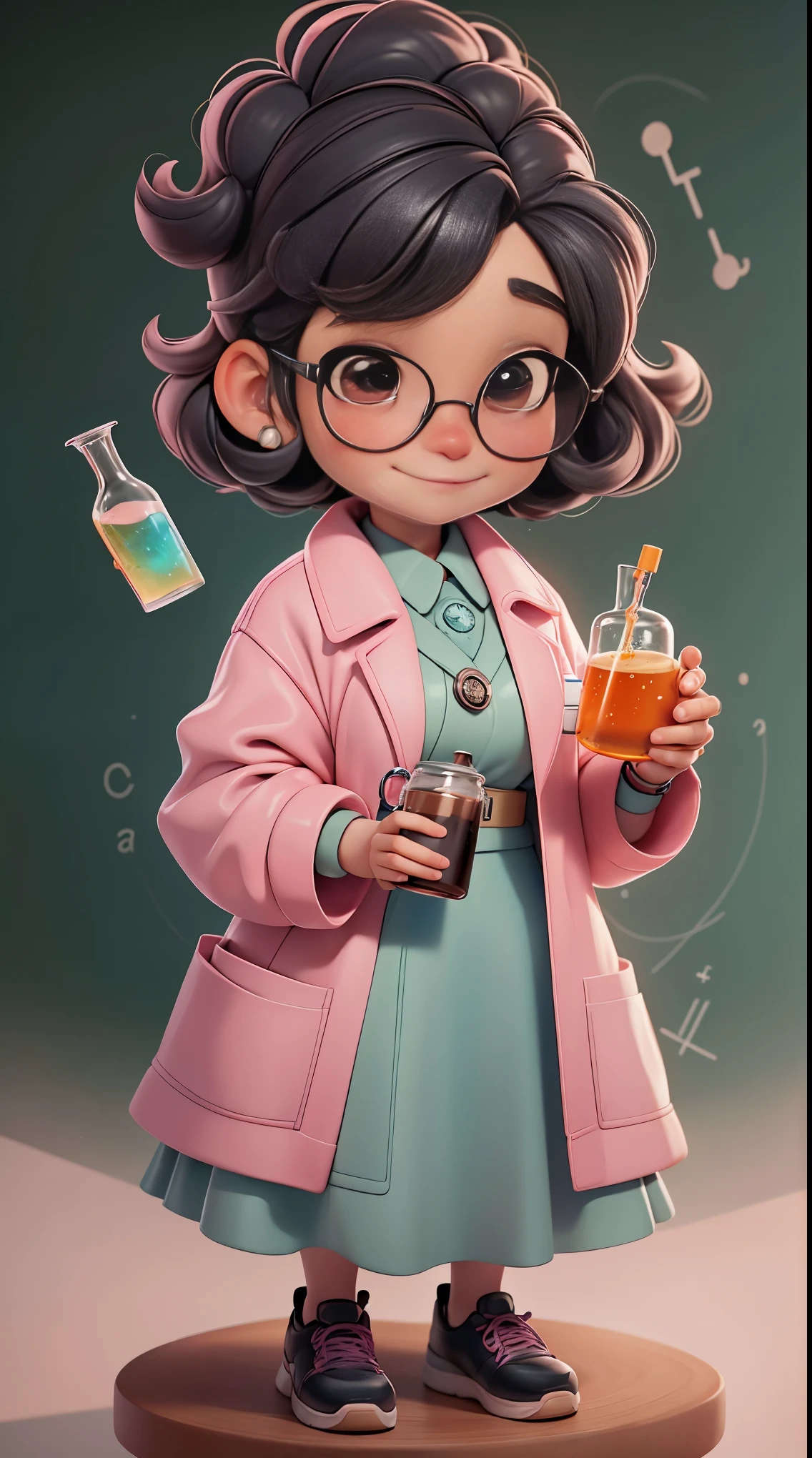 Mini chibi bebe fofa, Create a MADAME CURIE style chibi scientist baby series, it has “specific characteristics such as: short black hair”, big brown eyes wears a lab coat and “cute Nike sneakers” Realistic, remember to alternate the pose to look cute and captivating science lab,Chemical experiment,Ultra HD, chemical equipment,cientistas trabalhando,copos,bico de Bunsen 8K,microscope,laboratory glassware,measuring cylinders,jalecos,ROUND NERD glasses ,science books,Periodic table,scientific research,descobertas,new inventions,innovation,aprendizado,education,Scientific culture wears coat with details of pink buttons and brooches, rosa, her coat is charming and cute with ultra químico details ,Curiosidade,Technological advancements,cores vibrantes,soft lighting,modern laboratory,atmosfera nerd,laboratory instruments,hypothesis testing,Scientific method,symbolic representation,Critical thinking,experimentos ,precision,precision,detalhes intrincados,impressive scientific setup,elementos naturais,exploration of the mysteries of science,desvendando os segredos da natureza.White chalk board with Chemistry Professor Janaina written on it, Professora