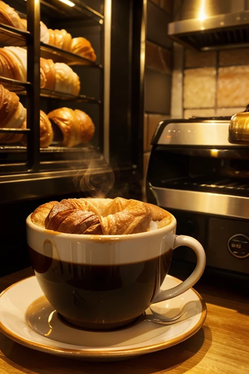 Show off a steaming, delicious cup of coffee, accompanied by a golden and buttered croissant.