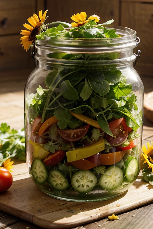 Create an image of a fresh, crunchy salad, remplie de légumes verts, de tomates cerises et de graines de tournesol.