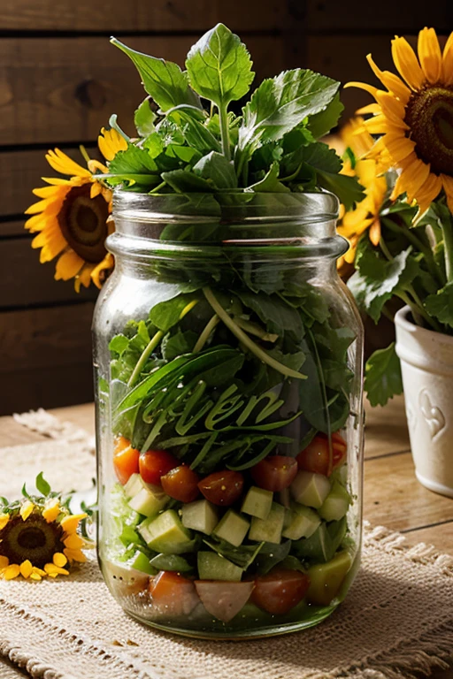Create an image of a fresh, crunchy salad, remplie de légumes verts, de tomates cerises et de graines de tournesol.