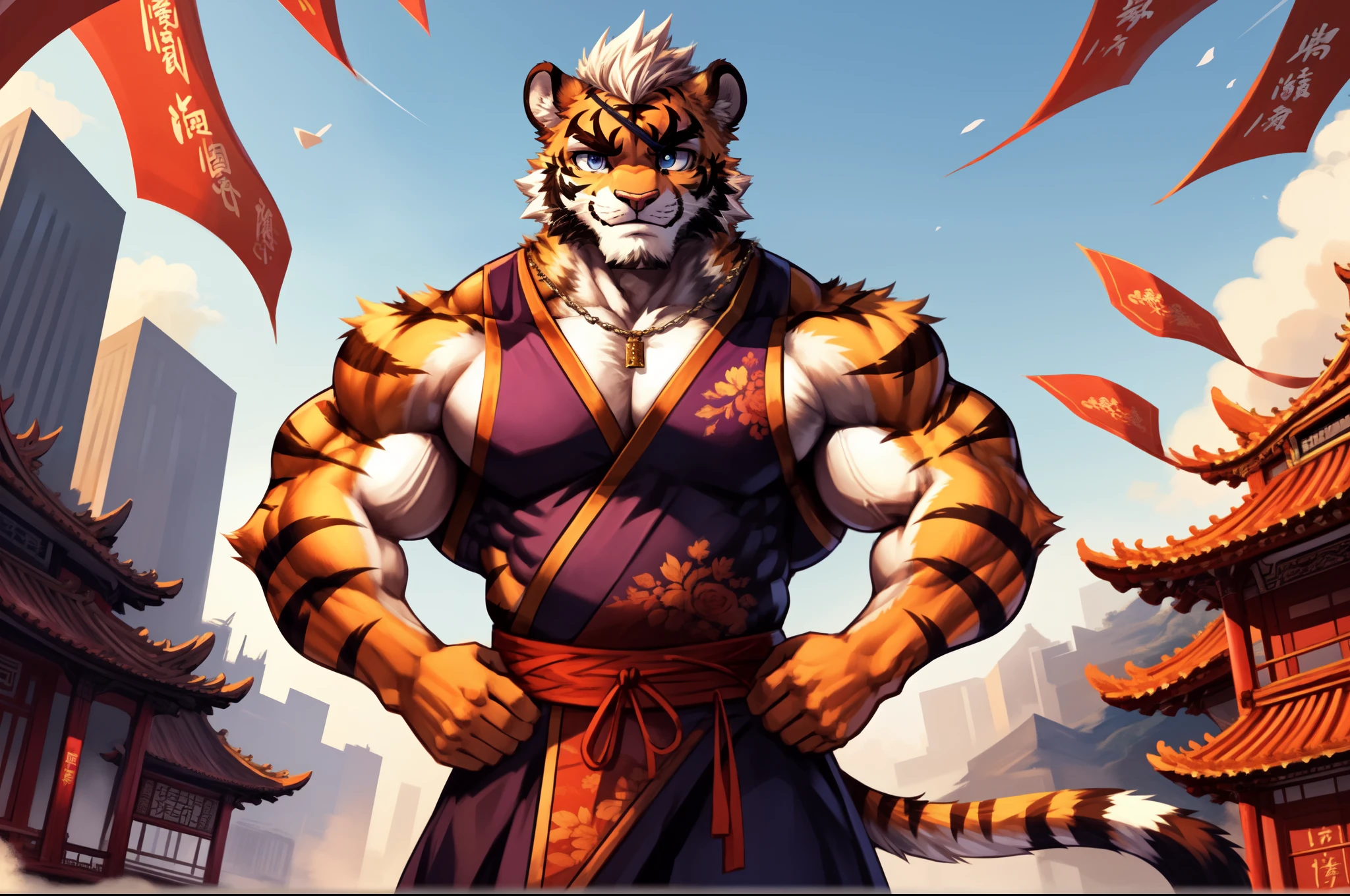 ChenHu, solo, tiger, (light orange fur), blue eyes, (white hair, short hair), (black eye patch, cover one eye, cover right eye), (detailed face, detailed eyes, detailed), mature male, muscular male, masterpiece, best quality,  standing, city, chinese, chinese clothes, standing, hypermuscle