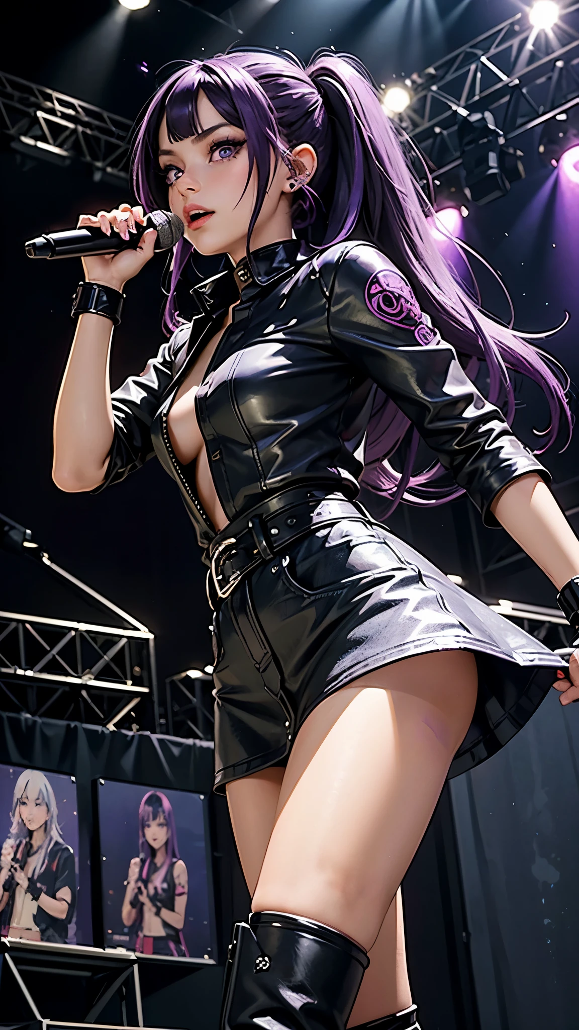 (masterpiece, best quality), 1 girl, solo, purple hair, long hair, streaked hair, purple eyes, long eyelashes punkblack leather shirt, denim skirt, black leather boots, ear piercing, tattoo, concert, stage, stage lights, singing, shiny hair, microphone, happy, portrait, makeup, mascara, eyeliner, eyeshadow, anime, anime style, anime girl