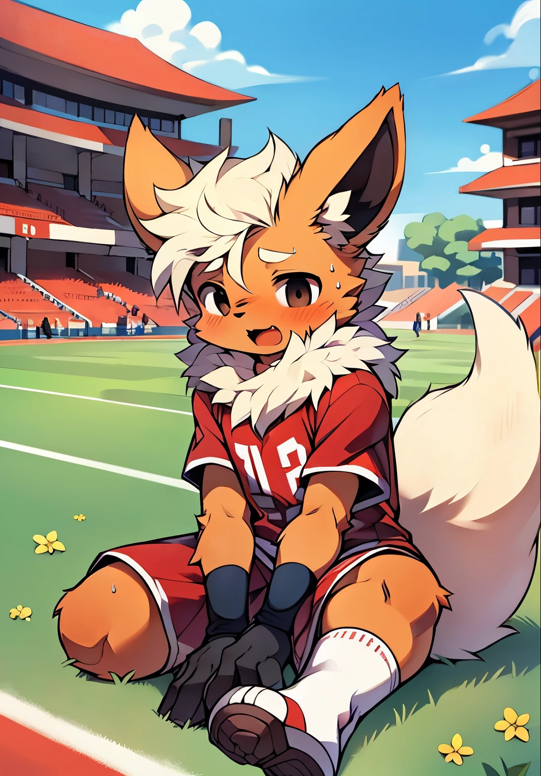 masterpiece，high quality，ridiculous resolution，number\（a work of art\），Dagashi，Kiyoyama,（fluffy fur：1.1），（brightness：0.8）， freon, （black eyes，hairy all over，cat nose：1.2），Eyes have brightness，panoramic，Character focus。Detailed background，（red soccer uniform，sweat，：1.2），male，flareon, flareon male，sit on the floor，put your hands on the ground，Opaque white socks，football field，express enjoyment，Clothes soaked with sweat，very suitable