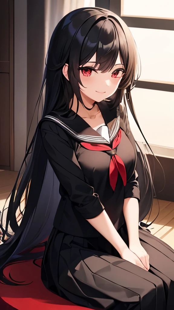 girl, black serafuku, long hair, black hair, red eyes, indoor, black skirt, very long skirt, light smile, indoor, sit,