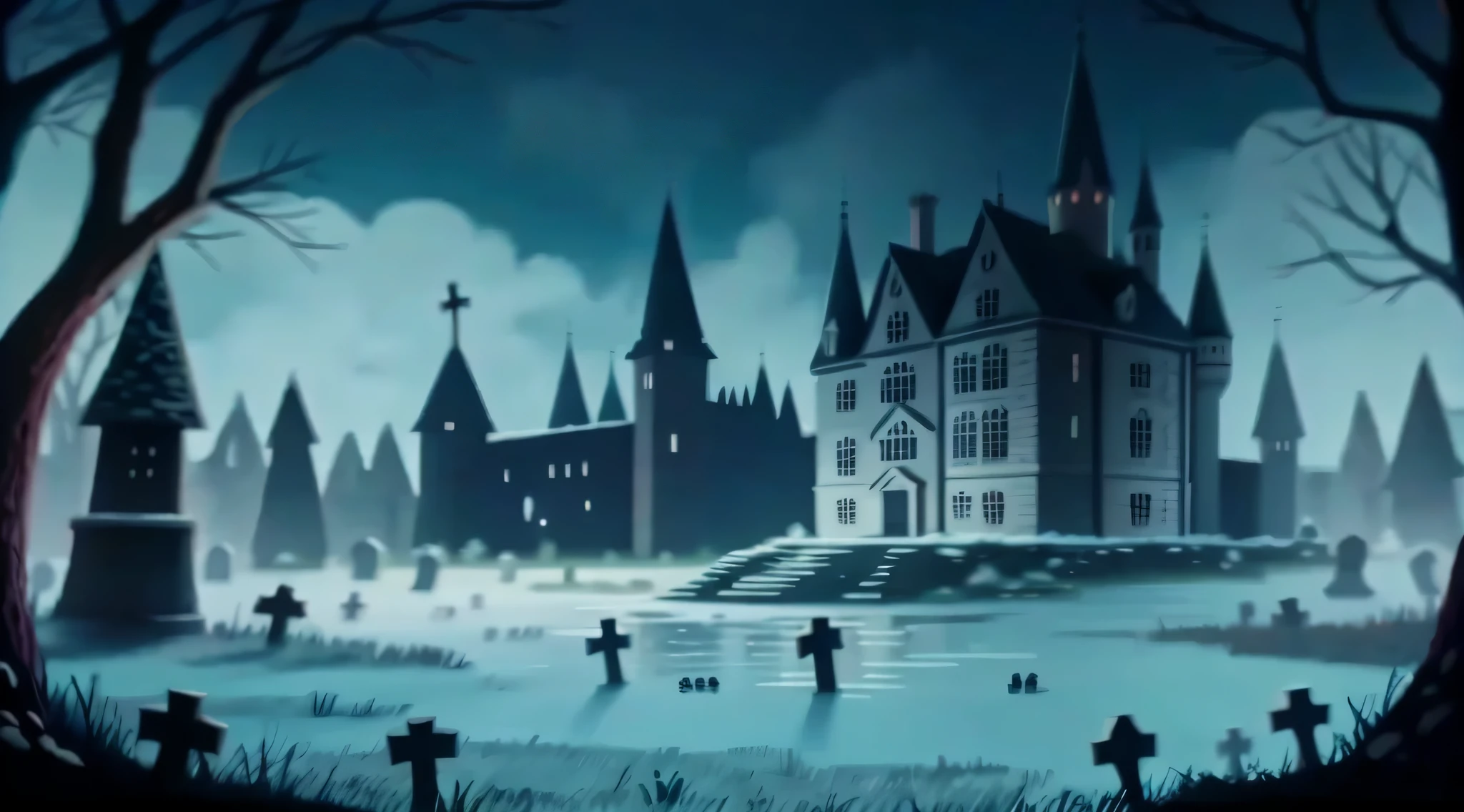 Close-up of the castle in the middle of the lake, graveyard background, Dark cemetery scene, Cemetery view at night, graveyard, haunted background, graveyard landscape, in the middle of a graveyard, background artwork, burial site!!, Horror, in a graveyard, burial site, spooky mansion, random background scene, cartoon moody scene, still from animated horror movie