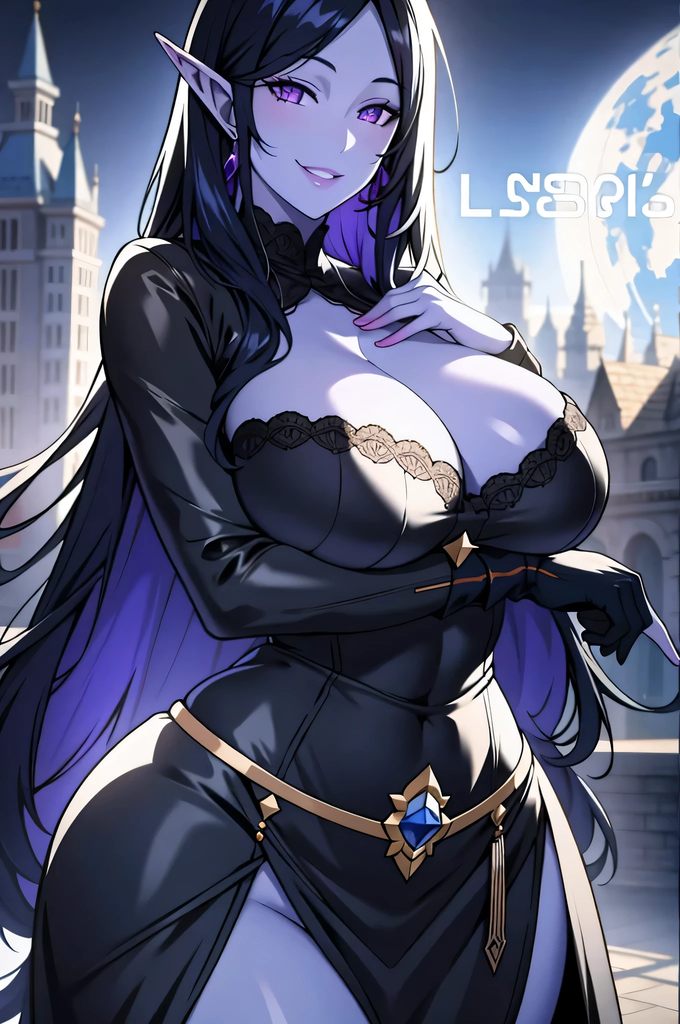 long black hair, blue skin, long elf ears, violet eyes, solo, smiling, standing, upper body, hips, gigantic breasts