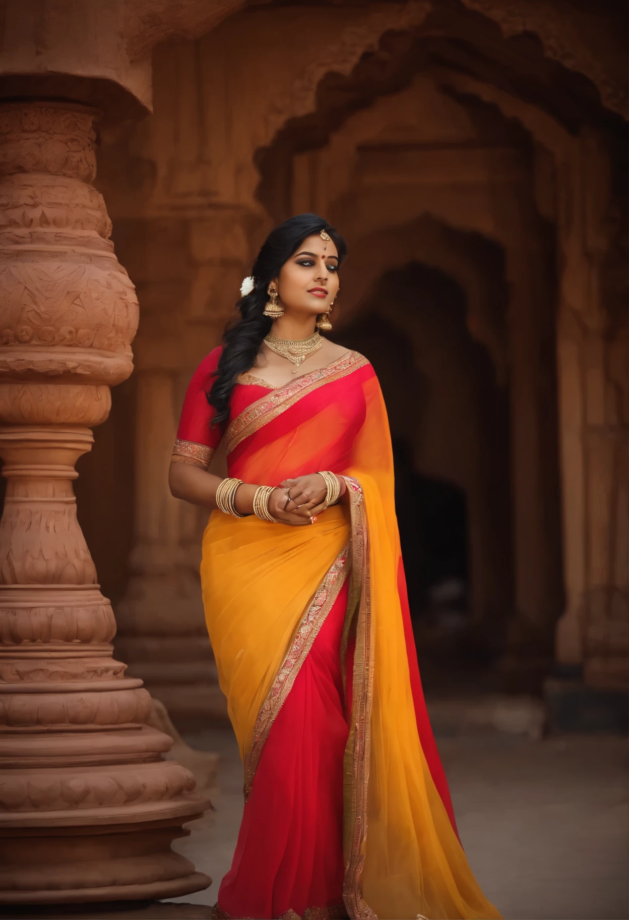 Curvy traditional Indian girl wearing a saree 