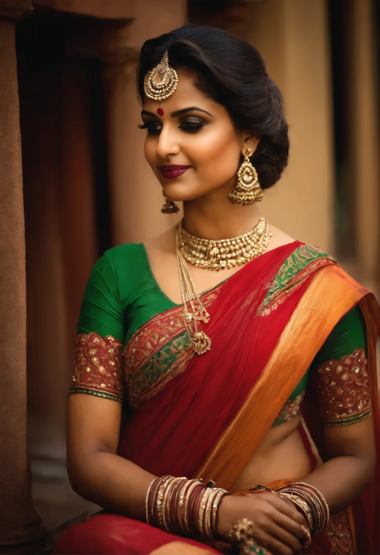 Curvy traditional Indian girl wearing a saree 