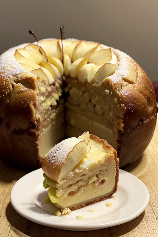 Montrez une tarte aux pommes dorée et appétissante, saupoudrée de sucre et accompagnée d'une boule de glace à la vanille.