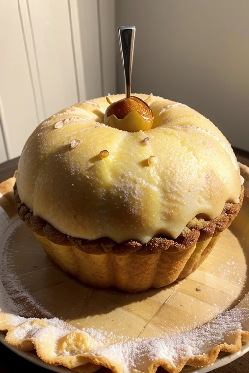Montrez une tarte aux pommes dorée et appétissante, saupoudrée de sucre et accompagnée d'une boule de glace à la vanille.