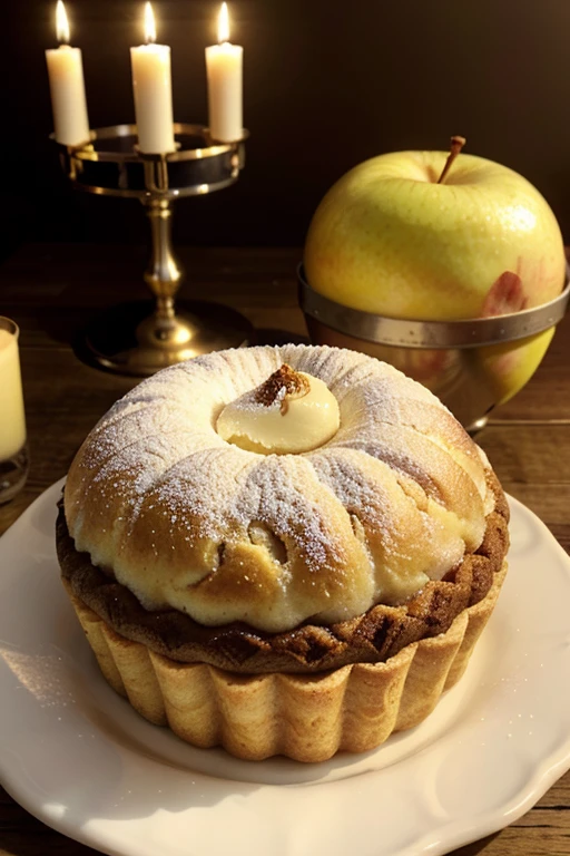 Montrez une tarte aux pommes dorée et appétissante, saupoudrée de sucre et accompagnée d'une boule de glace à la vanille.