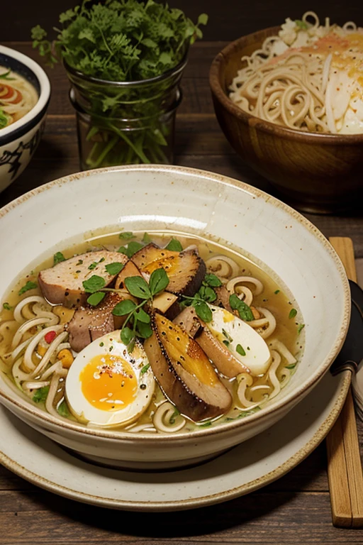 Create an image of a warm, comforting bowl of ramen, garni de tranches de porc et d'oignons verts.