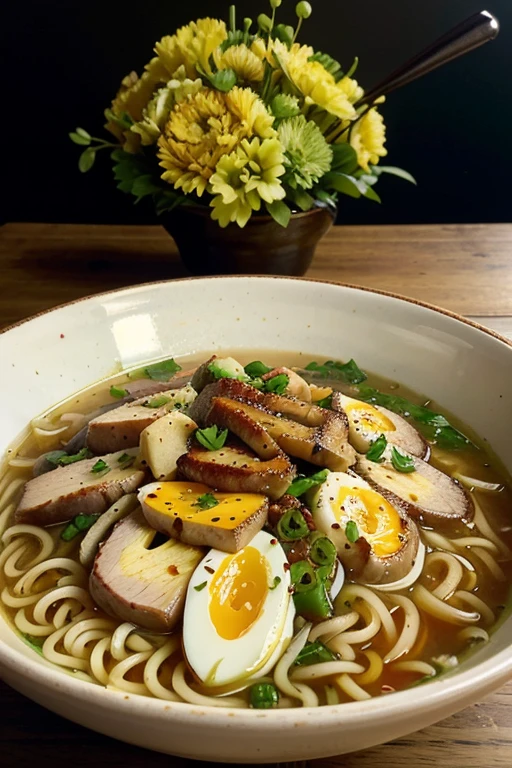Create an image of a warm, comforting bowl of ramen, garni de tranches de porc et d'oignons verts.