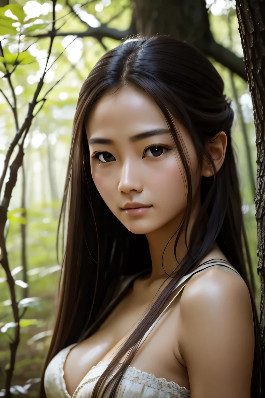 8k、High resolution、Beautiful woman of primitive times、young、white skin,、narrow eyes,high nose,lighting that illuminates the face、clear image、intellectual beauty、skinny、no makeup、The expression you show to your lover,shining hair、single eyelid,、vivid pose、looking at camera、relax on vacation、first inhabited country、Primeval forest、Hunting life、