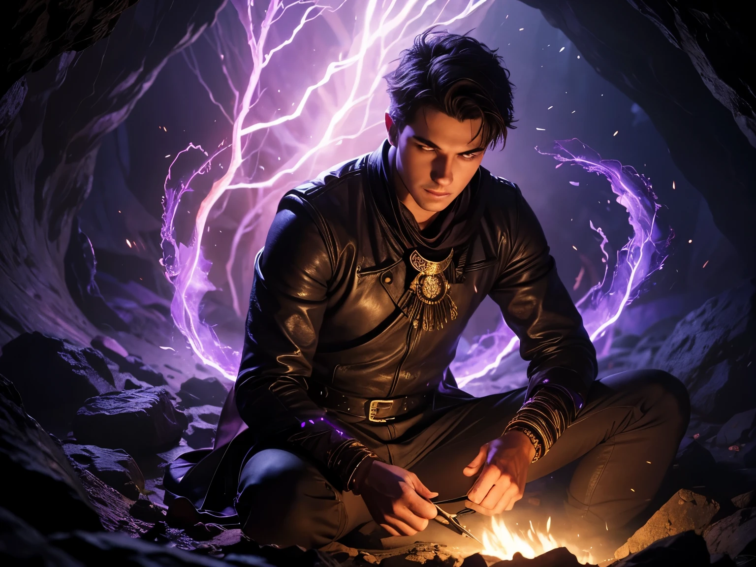 Realistic image, young man surrounded by violet flames, In a cave, In the dark, fantasy style