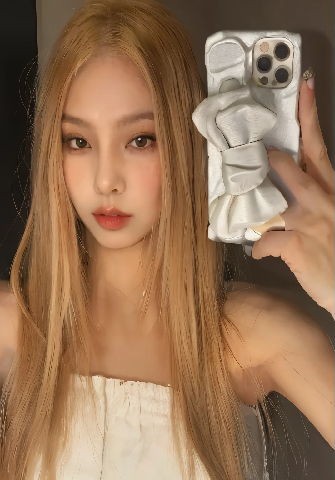 There is a girl who is taking a selfie with her cell phone, parque roseanne de blackpink, jossi do blackpink, selfie, com cabelos longos brancos, fotografia selfie 8k, jennie blackpink, portrait of jossi do blackpink, Lalisa Manoban do Blackpink, com longos cabelos loiros, selfie de uma jovem, cl, com longos cabelos brancos