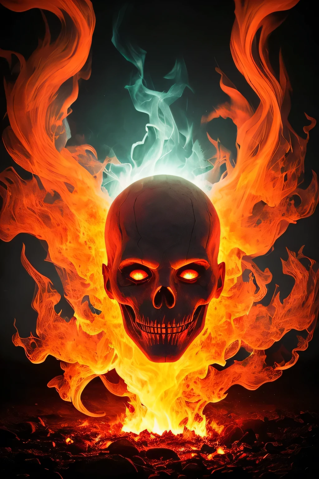 A close up of a Fire Ghost in motion, luminated by an otherworldly glow, its transparent smoke swirling and pulsating against the black background. The ultra-detailed textures of its fiery body are illuminated in the darkness, each flicker and flame engulfed in crisp, high-definition detail. In the realm of horrorcore aesthetics, this image reaches new heights, capturing the essence of terror and the unknown. Shot in 16k resolution, this masterpiece comes to life with the highest level of intricacy and detail. (Horrorcore, 16k Ultra-Detailed, Dark Background, Fire Ghost, Transparent Smoke, Lum