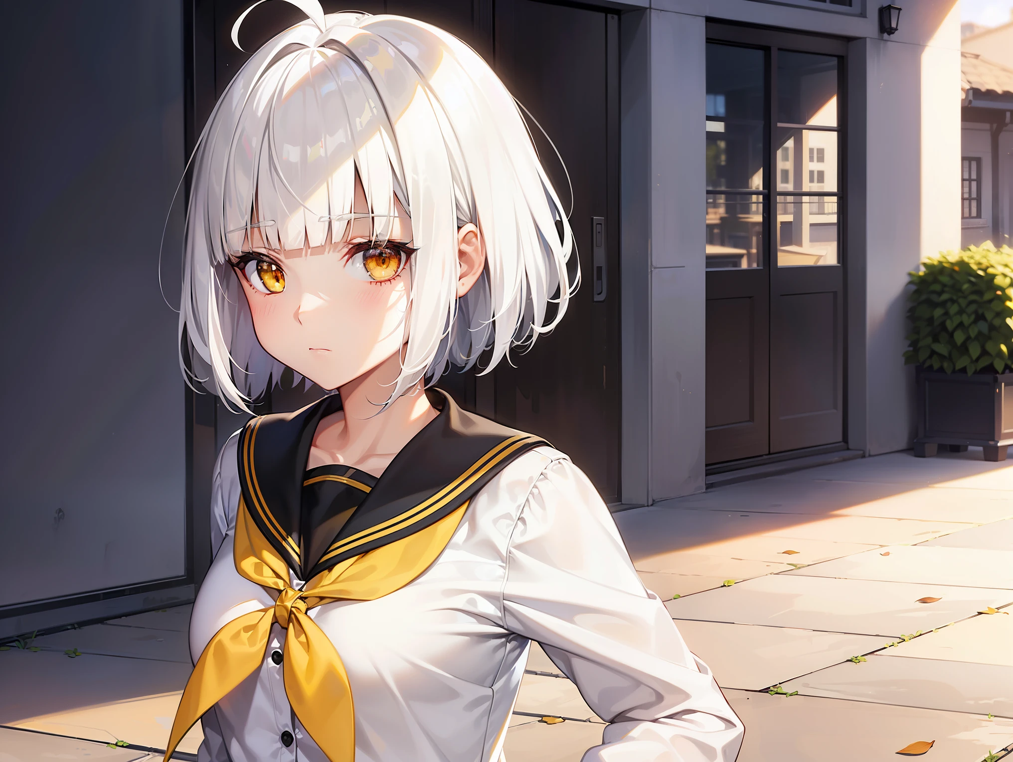 Cimematic vision, nigth, ((1girl)), (lolita), ((((short white hair)))), (((blunt bangs))), yellow eyes, ((cabelo emaranhado)), ((((no expression)))), Sonolenta, ((ahoge)), (((Magic black School uniform))), desleixada, ((melhor qualidade)), ((obra de arte)), (detalhado), rosto perfeito, ((style novel)), ((on the school terrace))
