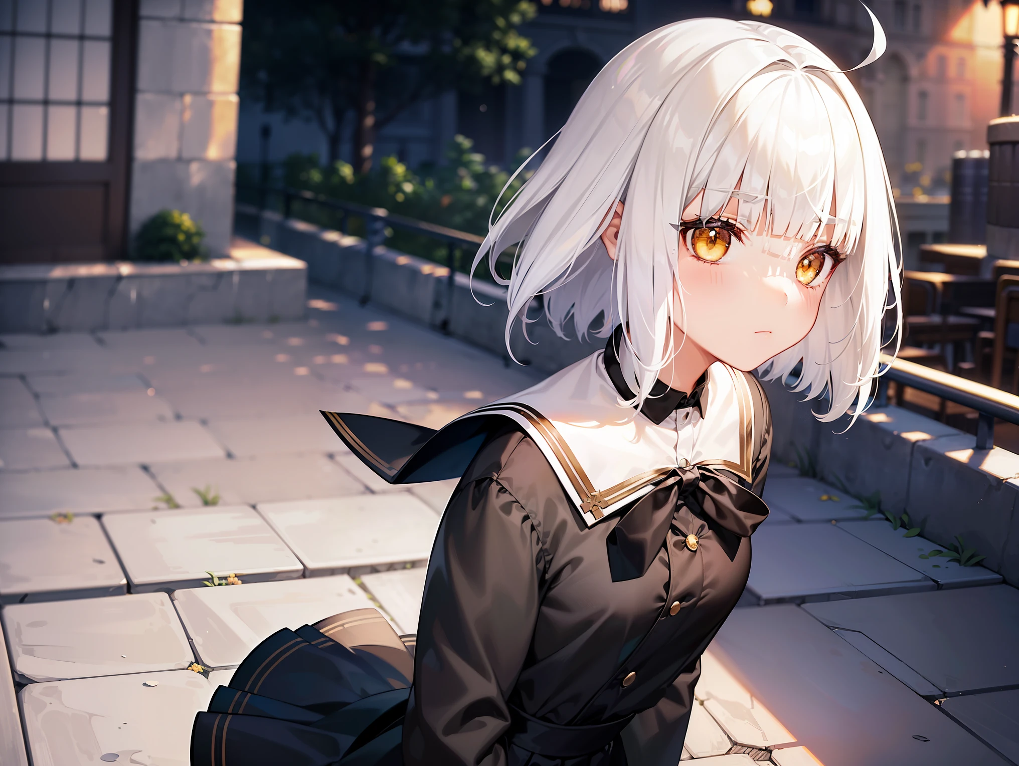 Cimematic vision, nigth, ((1girl)), (ta), ((((short white hair)))), (((blunt bangs))), yellow eyes, ((cabelo emaranhado)), ((((no expression)))), Sonolenta, ((ahoge)), (((Magic black School uniform))), desleixada, ((melhor qualidade)), ((obra de arte)), (detalhado), rosto perfeito, ((style novel)), ((on the school terrace))