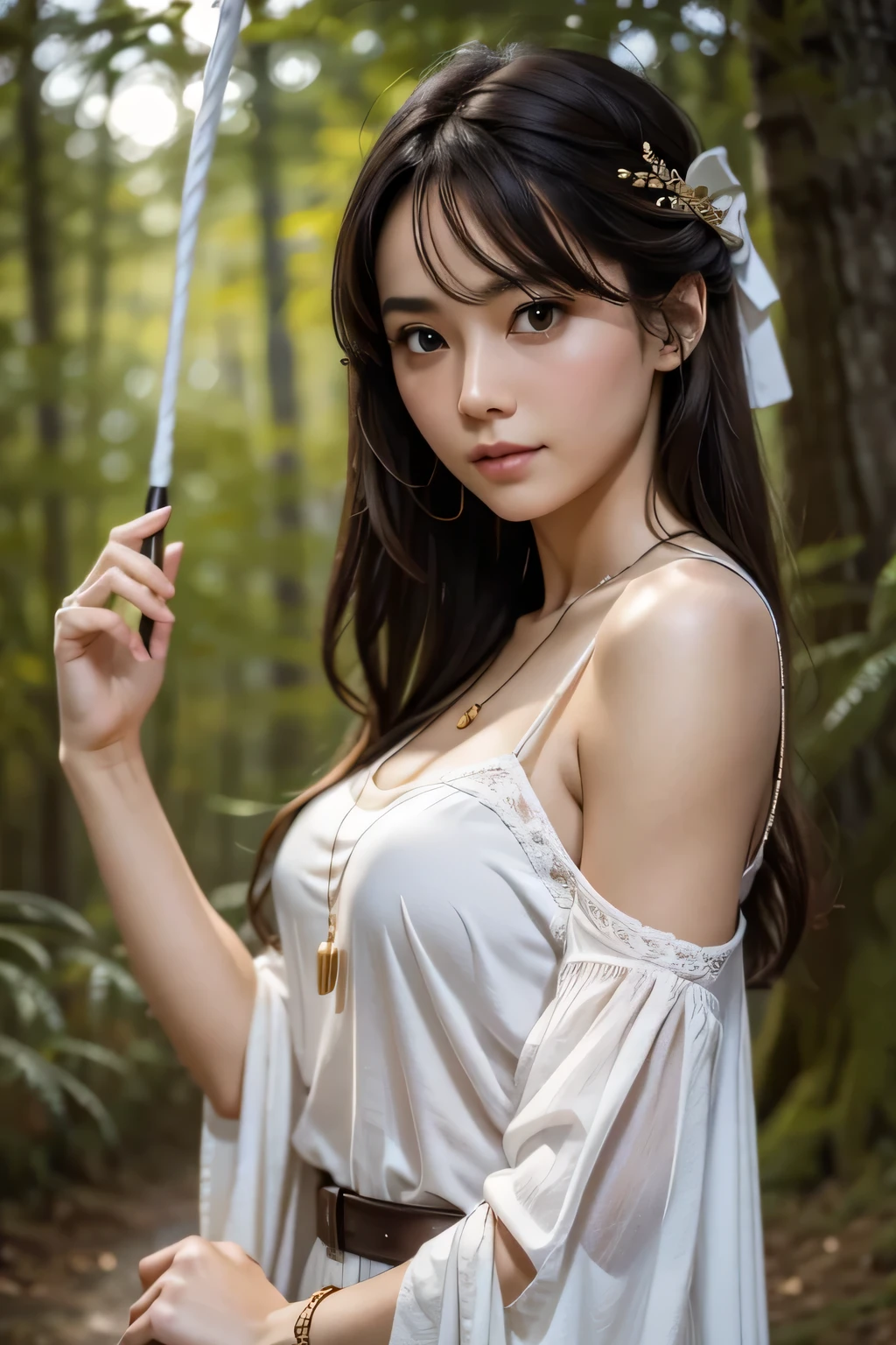 8k、High resolution、Beautiful woman of primitive times、young、white skin,、narrow eyes,high nose,lighting that illuminates the face、clear image、intellectual beauty、skinny、no makeup、The expression you show to your lover,shining hair、single eyelid,、vivid pose、looking at camera、relax on vacation、first inhabited country、Primeval forest、Hunting life、
