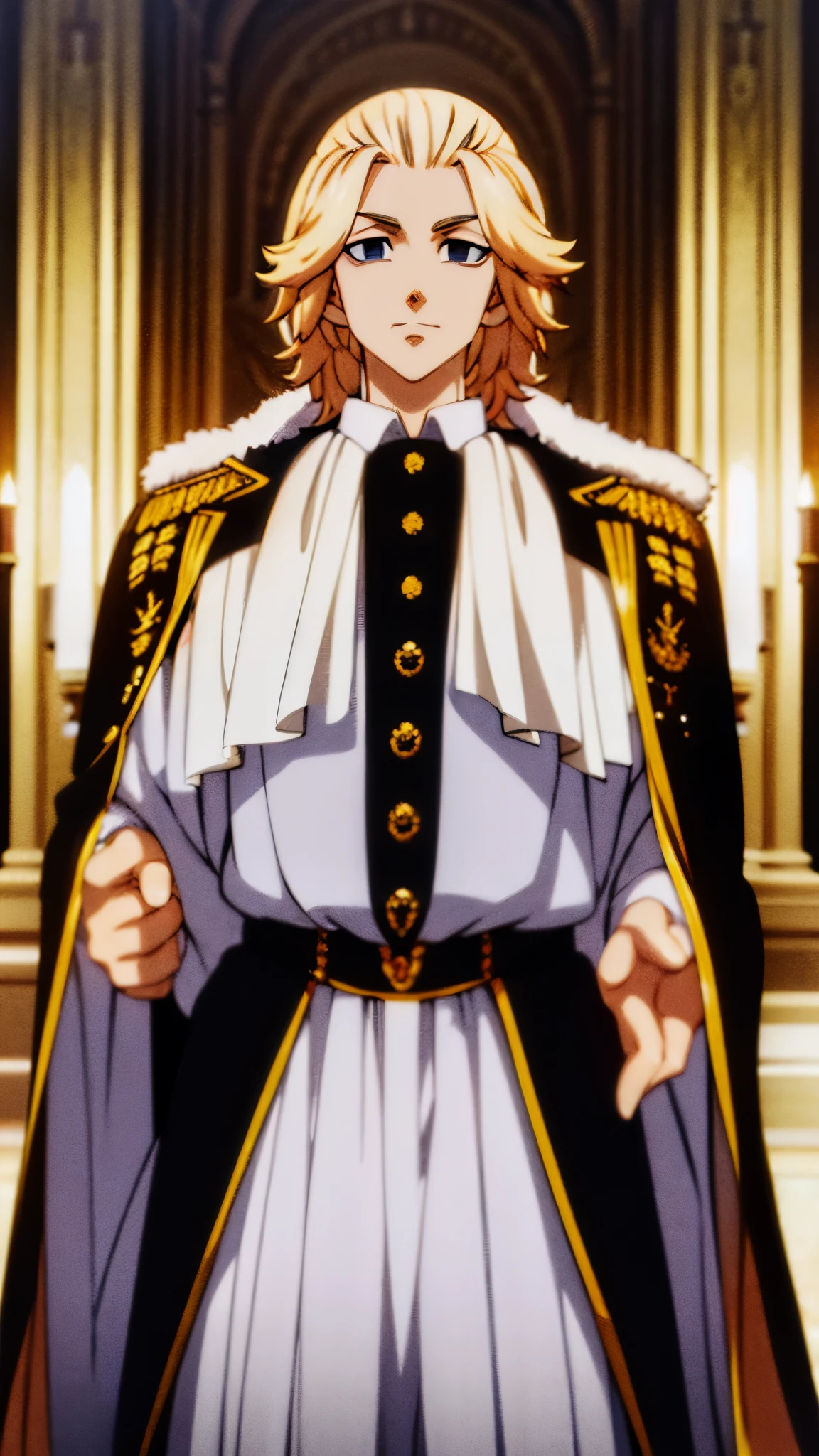 Very high quality , anime image of a man in a tuxedo standing in front of a painting, anime key visual of elegant, in the anime ,good quality , handsome guy in Tokyo Revengers art, anime handsome man, official art, male anime character, ((wearing aristocrat robe))