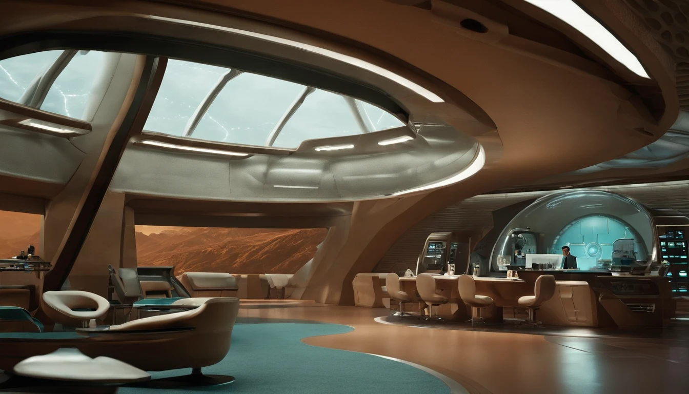 1950s science fiction film setting，interior of a planetary research base, control center of a space colony, boa imagem，wide areas, In addition to scientific and technological training，sober tones, Design retro-futurista 1950, Base of only num alien planet, (((Planetary Base on the ground)))